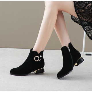 [CAO CẤP] Giày boot nữ 3 phân da lộn đính khoen tròn trơn boot nữ cổ ngắn hàng xịn Korea S074