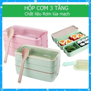 Hộp Cơm 3 Tầng Lúa Mạch Kèm Thìa,Dĩa - Loại Mới nhất 2019