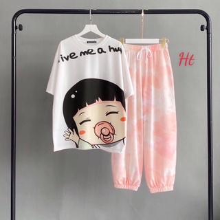 bộ thun tay lỡ loang màu + quần jogger loang Hồng cam chun gấu