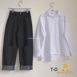 Quần bò ống rộng đen rách 2 gối TDU0320