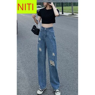 [ BUỒN LÀM CHI ] QUẦN JEAN ỐNG RỘNG NỮ LƯNG CAO RÁCH LỔM CHỔM MÀU XANH LAI CUỐN CAO CẤP NITI ĐỦ SIZE S, M, L CÁ TÍNH