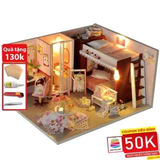 Mô hình nhà búp bê lắp ghép bằng gỗ Mẫu Căn nhà màu hồng tặng kèm dụng cụ lắp ghép, keo silicon, Mica chắn bụi