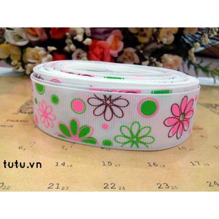 RUY BĂNG GÂN 25MM HỌA TIẾT HOA NHIỀU CÁNH HT25-019 RUY BĂNG DIY HANDMADE LÀM NƠ BỜM KẸP TÓC