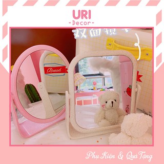 Gương trang điểm makeup, gương soi di động hai mặt để bàn dòng thấp xoay 360 độ URI DECOR