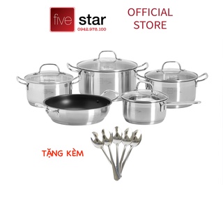 Bộ Nồi 5 Đáy Inox 304 Cao Cấp Bếp Từ Fivestar FPB55D001 Nắp Kính , tặng 10 muỗng ăn