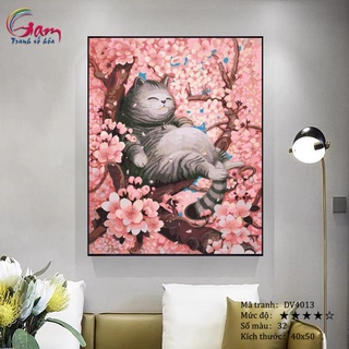 Tranh tô màu theo số Gam Mèo mập hoa đào DV4013