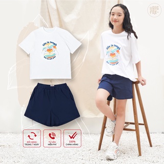 [12-15 Tuổi BF ] Quần Áo Bé Gái Mùa Hè Miss Meow, Bộ Trẻ Em Dáng Rộng, Trễ Vai, Chất Cotton In Hình, Mã Xuất 01