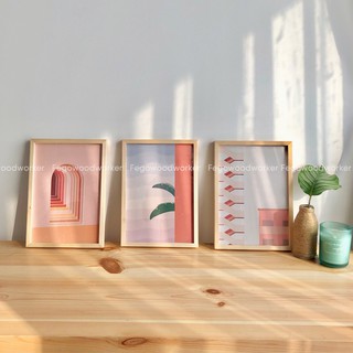 Set 3 tranh treo tường kèm khung gỗ tự nhiên size A3, A4/ Khung tranh hoạ tiết phong cách nổi bật FEGO