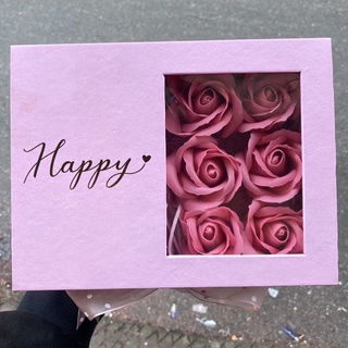 Hộp Quà Chữ Nhật Bóng Kính Happy, Hoa Sáp 6 Bông, Kích Thước 21-16-8.5