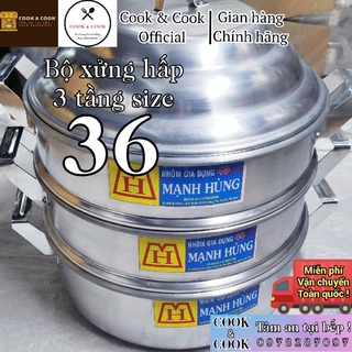 [CHÍNH HÃNG] Bộ xửng hấp 3 tầng size 36 nhôm Mạnh Hùng chuyên hấp bánh bao/hải sản/thực phẩm