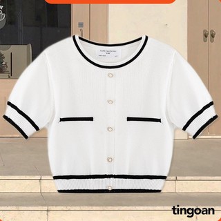 Áo len ngắn tay viền đen chống nhăn trắng tingoan ALISSA TOP/WH