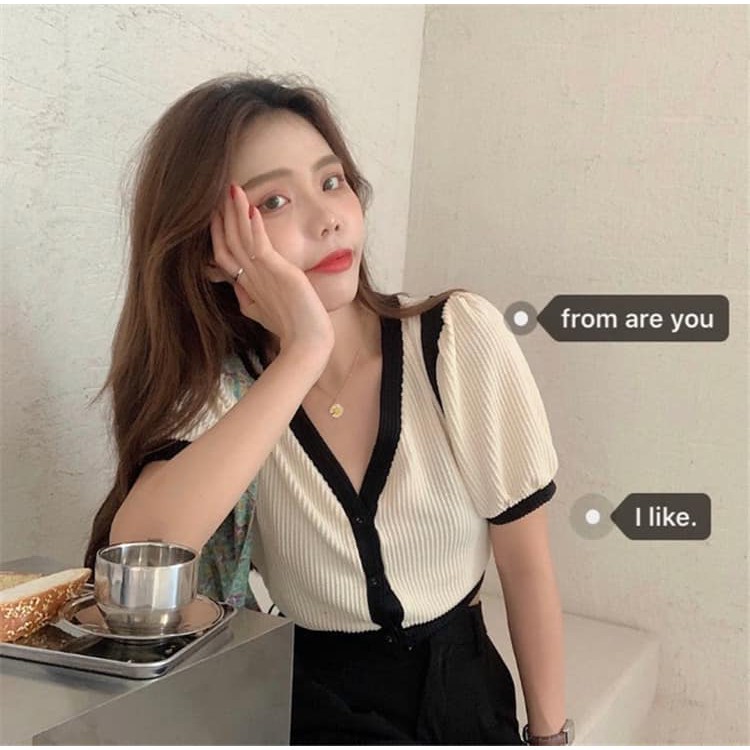 ÁO CỘC TAY PHỐI VIỀN BASIC LEN MỎNG
