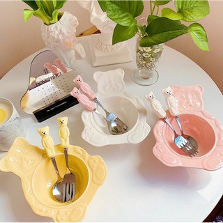 (Tự chụp /Có sẵn) Tô Đĩa gấu Bear và muỗng nĩa gấu Bear