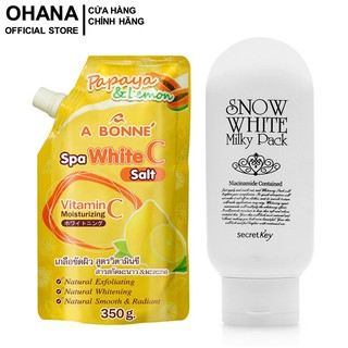 Combo Kem Tắm Trắng Secret Key Snow White Milky Pack 200g Và Muối Tắm Tẩy Tế Bào Chết, Trắng Da A Bonne Vitamin C 350g