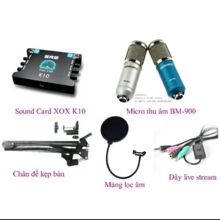 Bộ Livestream míc BM-900, card XOX K10, dây live, màng lọc âm, chân kẹp míc BH 6 tháng đổi mới
