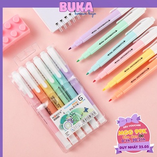 Set 6 bút highlight pastel 2 đầu FLUORESCENT PEN (dupe STABILO) Bukavn