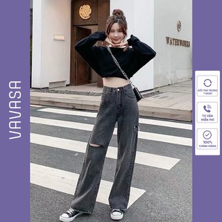 Quần jean nữ lưng cao ống rộng đứng suông bigsize VAVASA QJ06