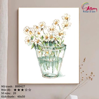 Tranh sơn dầu số hoá tự vẽ treo tường Gam - Tranh lọ hoa đơn giản nhẹ nhàng Mã BH0427 Cúc Bellis