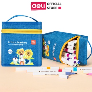 Bút màu marker 2 đầu túi vải bò Deli - mực có thể rửa được - có đầu brush và vát - 30 màu/40màu/60màu/80màu -70808