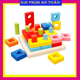 Đồ chơi gỗ Montessori thả cọc hình khối thông minh 3D