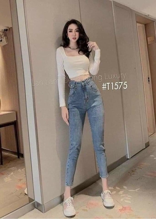 Quần bò jeans cạp cao dáng ôm nắp túi