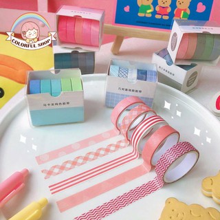 Set 5 cuộn băng dính washi màu macaron trơn trang trí thủ công 12 kiểu tùy chọn