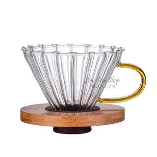 Phễu pha cà phê cafe giấy lọc V60  thuỷ tinh Pour over drip chemex giá gỗ kèm gioăng silicone
