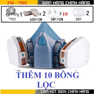 Mặt nạ phòng độc 3M 7502 sử dụng phin lọc 3M 6001CN 100% than hoạt tính tự nhiên kèm thêm 10 tấm lọc bụi 3M 5N11