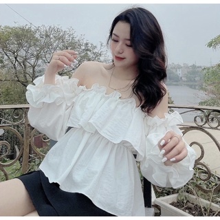 Áo đũi trễ vai áo bệt vai bèo rua tiểu thư chất thô lụa màu trắng