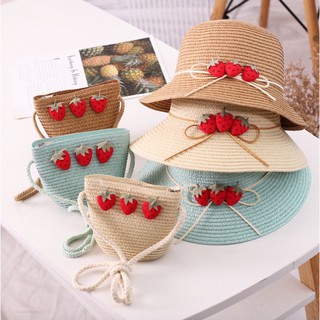 Set mũ cói kèm túi 3 quả dâu xinh xắn cho bé(3-8 tuổi)