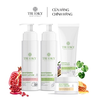 Bộ Truesky VIP04 gồm 1 gel rửa mặt 50g + 1 kem dưỡng trắng da mặt 20g + 1 kem ủ trắng 100g + 1 kem dưỡng trắng 100g