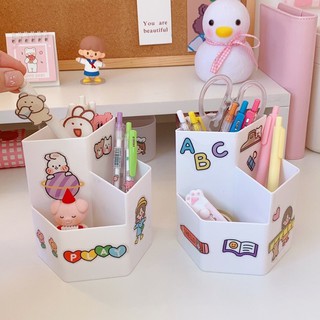 Kệ đựng bút nhựa dày cao cấp 3 góc đế xoay 360 độ decor trang trí bàn học hàn quốc