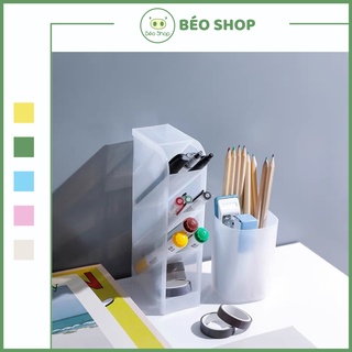 Ống đựng bút để bàn hình tròn Béo Shop , hộp bút 4 tầng màu trắng đục bằng nhựa tiện lợi