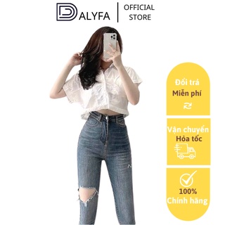 [ Hàng Cao Cấp ] Quần bò jean dài rách gối cạp cao DALYFA thời trang nữ cao cấp Hàn Quốc mặc đi học đi làm đi chơi CD062