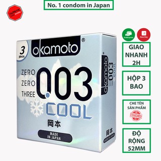 Bao Cao Su Okamoto 0.03 Cool Siêu mỏng Bóng Láng Mát lạnh Hộp 3 Cái