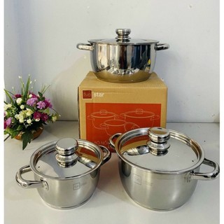 Bộ nồi inox  RẺ SỐ 1   Bộ nồi inox  FIVESTAR đáy từ 3  đáy 3 món  vung inox dùng  được trên mọi loại bếp.
