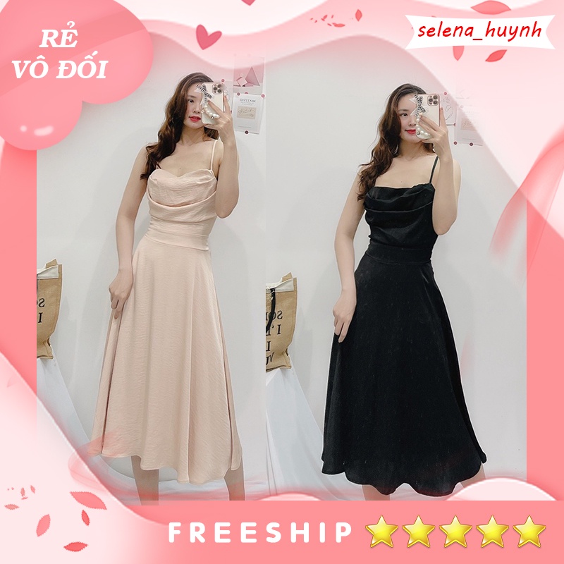Đầm phi lụa 2 dây cổ đổ