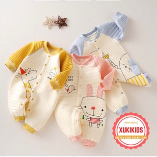 Body trần bông in hình ngộ nghĩnh Bodysuit liền thân dài tay cài giữa 3 lớp dày ấm cho bé trai bé gái mặc thu đông