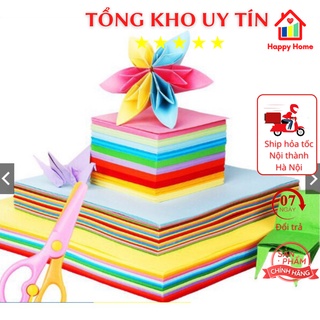 Tệp 100 tờ giấy gấp Origami, giấy thủ công gấp hạc hoa (10 màu tổng 100 tờ) nhiều kích thước Happy Home
