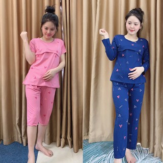Bộ bầu và bộ sau sinh vén ngực cho con bú, Mẫu TIM MỚI chất cotton mềm mịn cho mẹ bầu mặc nhà Thu Đông