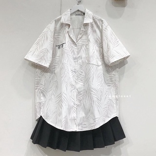 Áo Sơ Mi Nữ Tay Ngắn Cổ Vest JEM CLOSET Sơ Mi Form Rộng Chất Liệu Kaki In Họa Tiết Hoa Lá LEAF 10019