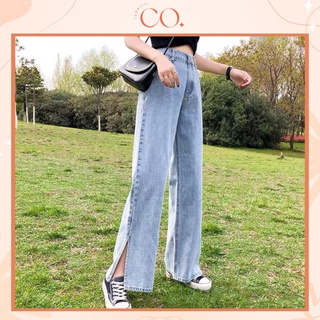 Quần Jean Ống Rộng Cạp Cao Xẻ Gấu