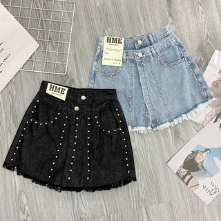 Chân váy jean kiểu đính hạt cườm có quần an toàn chất dày dặn lưng form siêu cao tôn dáng