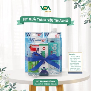 Set quà yêu thương S199 - Combo 3 khẩu trang Wakamono, 1 xịt mũi 90ml, 2 nước súc miệng ion muối 300ml và 680ml