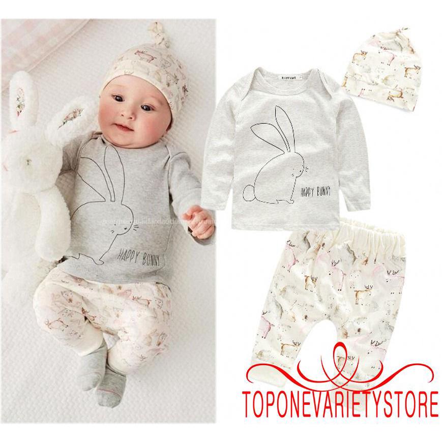 Set Áo Thun Dài Tay Cổ Tròn + Quần Dài + Mũ Đáng Yêu Cho Bé Gái