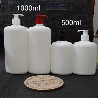 Chai nhựa trắng đục chữ nhật 500ml, 1 lít HDPE vòi ấn