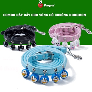 Vòng chuông cổ cho chó mèo hoạt hình kèm dây dắt Chất liệu da cao cấp có chuông, nhiều họa tiết