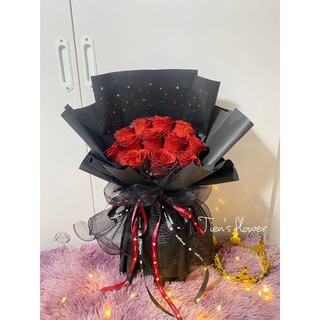 Bó hoa nhũ kim tuyến màu đỏ 12 bông, quà tặng sinh nhật, 14/2,8/3,20/10,20/11