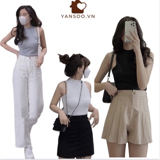 Áo croptop khoét vai ba lỗ cổ đung cá tính mic quần jean ống rộng cực xinh by YANSOO