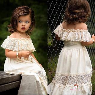 ❤XZQ-1-6Years Summer Toddler Baby Girl Clothes OffShoulder Ruffle Lace Party Dress Sundress